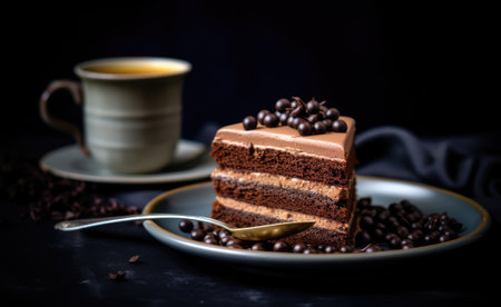 Pouring chocolate sauce onto delicious fresh cake on gray table, closeup Created with Generative AI technologyの素材