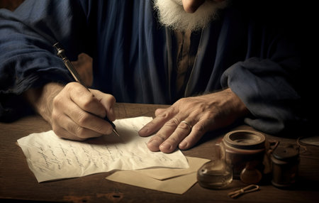 Close up young businessman entrepreneur in formal wear opening envelope with paperwork correspondence, male manager employee unpacking banking notification, law order or paper document at workplace. Created with Generative AI technologyの素材