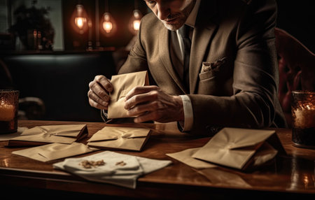 Close up young businessman entrepreneur in formal wear opening envelope with paperwork correspondence, male manager employee unpacking banking notification, law order or paper document at workplace. Created with Generative AI technologyの素材