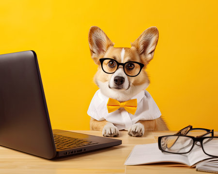 Cute corgi dog looking at laptop in glasses on yellow background Created with Generative AI technologyの素材