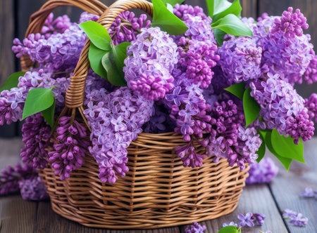 Freshly cut flowers of lilac. Lilac from the garden in wicker basket Created with Generative AI technologyの素材