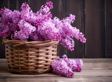 Freshly cut flowers of lilac. Lilac from the garden in wicker basket Created with Generative AI technologyの素材