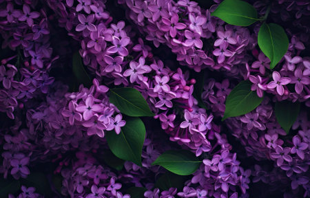 beautiful branch of lilac flowers on a dark green blurred background. long natural banner. concept for spring greetings. space for text Created with Generative AI technologyの素材