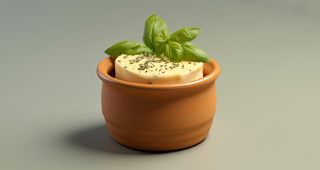 Farmer's cottage cheese in a traditional clay bowl, next to a wooden spoon, a dark wooden background. Close-up, selective focus. Soft curd natural healthy food, wholesome diet food Created with Generative AI technologyの素材