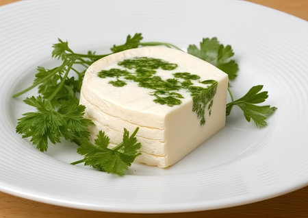 Farmer's cottage cheese in a traditional clay bowl, next to a wooden spoon, a dark wooden background. Close-up, selective focus. Soft curd natural healthy food, wholesome diet food Created with Generative AI technologyの素材