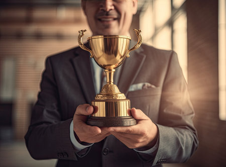Close-up human hand holding golden Trophy on Created with Generative AI technologyの素材