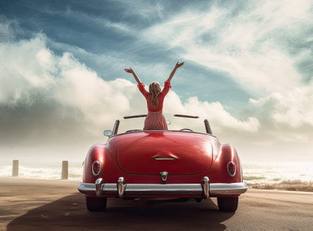 Woman enjoying beautiful view on the ocean, sitting on the convertible car on the rocky coast during a sunset Created with Generative AI technologyの素材
