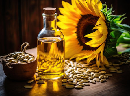 Sunflower oil, seeds and flower isolated on white background Created with Generative AI technologyの素材