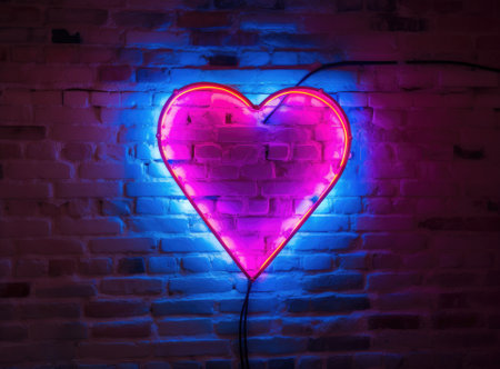 Neon heart with a glow on the background of a dark brick wall. Neon sign pink and blue. Created with Generative AI technologyの素材