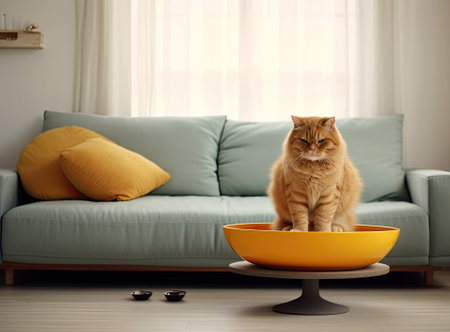 Funny cat sitting on the robot in the living room at home with sofa. cat, watches the robot with a vacuum cleaner, touches it with its paw, runs after robot. Created with Generative AI technologyの素材