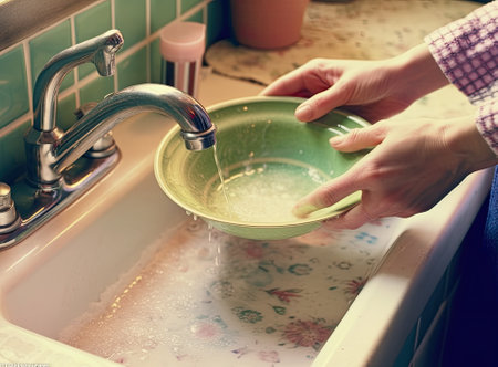 Cropped image of attractive young woman is washing dishes while doing cleaning at home Created with Generative AI technologyの素材