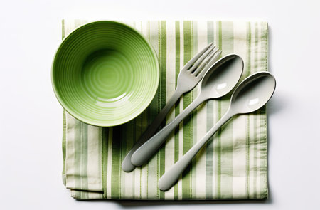White wooden table covered with green tablecloth and cooking utensils. view from top. Empty tablecloth for product montage. Free space for your text Created with Generative AI technologyの素材