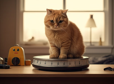 Funny cat sitting on the robot in the living room at home with sofa. cat, watches the robot with a vacuum cleaner, touches it with its paw, runs after robot. Created with Generative AI technologyの素材