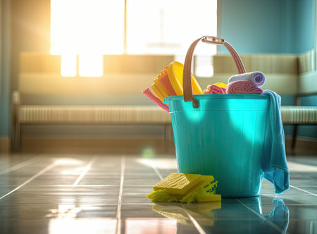 Cleaning lady holding a bucket of cleaning products in her hands on a blurred background . Created with Generative AI technologyの素材