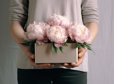 Round box with Bouquet of Pink peonies in a women's hand. Beautiful peony flower for catalog or online store. Floral shop concept. Beautiful fresh cut bouquet. Flowers delivery Created with Generative AI technologyの素材