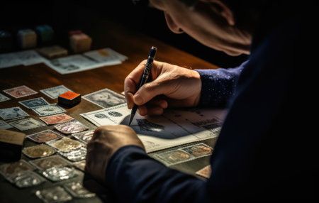 Middle aged businessman in casual clothes making notes in notepad while sitting in his office Created with Generative AI technologyの素材