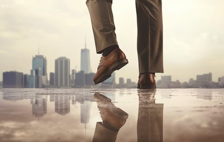 Start, Competition Concept. Low Section of Businessman Steps into Start Line on Running Track and Moving Forward to New Challenge. Blurred City Building as background Created with Generative AI technologyの素材