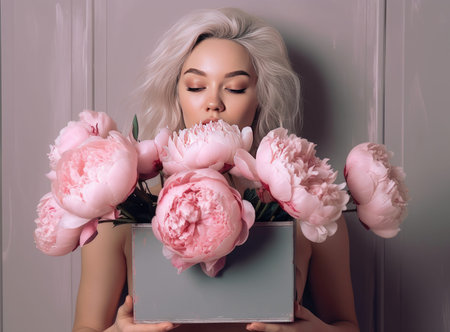 Round box with Bouquet of Pink peonies in a women's hand. Beautiful peony flower for catalog or online store. Floral shop concept. Beautiful fresh cut bouquet. Flowers delivery Created with Generative AI technologyの素材