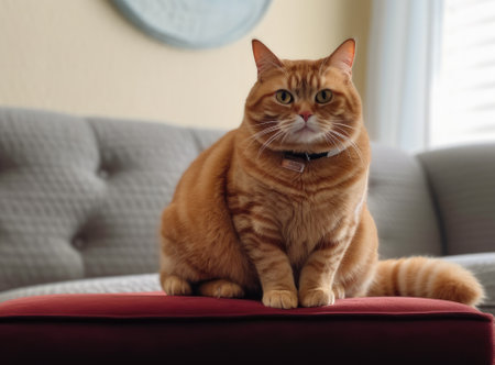 Funny cat sitting on the robot in the living room at home with sofa. cat, watches the robot with a vacuum cleaner, touches it with its paw, runs after robot. Created with Generative AI technologyの素材