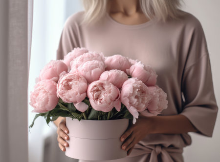 Round box with Bouquet of Pink peonies in a women's hand. Beautiful peony flower for catalog or online store. Floral shop concept. Beautiful fresh cut bouquet. Flowers delivery Created with Generative AI technologyの素材