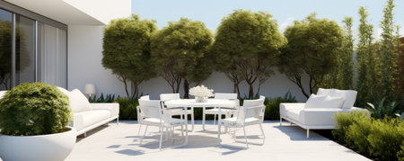 Outdoor furniture set on garden backgroundの素材