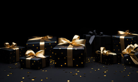 Black gift boxes with gold ribbon on shine background. close upの素材