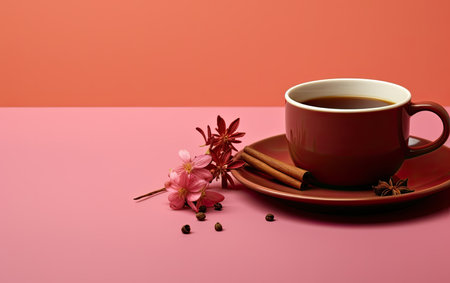 a up of tea almonds spices and herbs on a pink backgroundの素材