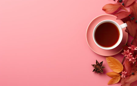 a up of tea almonds spices and herbs on a pink backgroundの素材