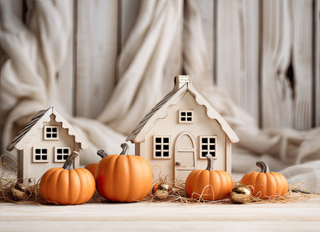 Home autumn decor with cozy fabric pumpkins. Thanksgiving and Halloween conceptの素材