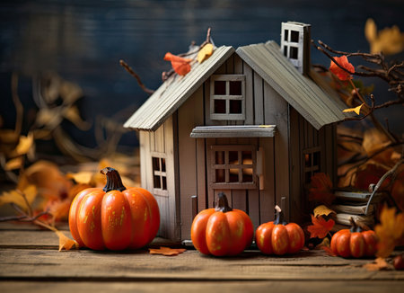 Home autumn decor with cozy fabric pumpkins. Thanksgiving and Halloween conceptの素材