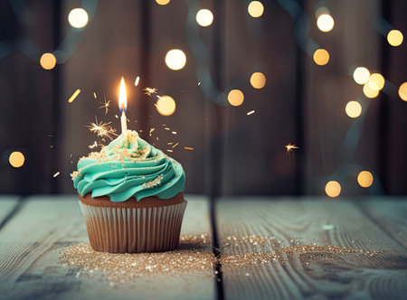 Celebratory cupcake with candles on a blue background. Decorations for a birthday or holidayの素材