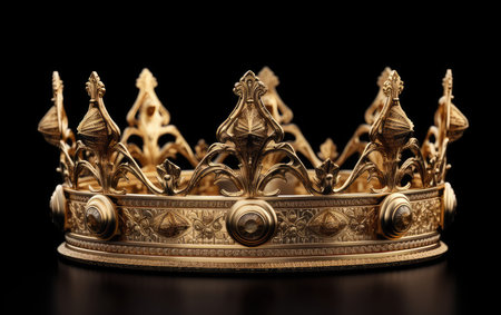 Exquisite gilded crown set against a backdrop of deep black. A creation of fantasyの素材