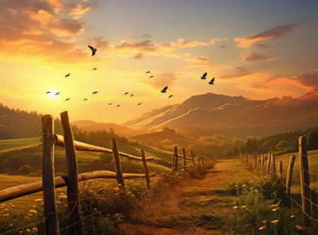 A rural landscape adorned with fields of verdant grass, harmonizing with the hues of a setting sun in the backgroundの素材