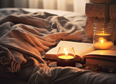 A close-up depiction of a cozy and inviting bedroom ambiance. A glass bottle of home perfume stands adorned with wooden sticks, emanating a soothing fragrance. Scented candles emit their gentle glow, while an open paper book rests nearby. A snug knit wool textile enhances the scene. This composition paints a picture of a tranquil winter retreat, inviting the viewer to bask in the comfort of aromatherapy and the warmth of the holiday season.の素材
