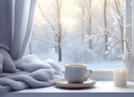 In a picturesque winter still life, a cup of steaming hot coffee is nestled beside a soft, inviting plaid on the vintage windowsill of a quaint cottage. Through the window, a serene snow-covered landscape extends, with a gentle snowdrift enhancing the scene. This composition encapsulates the charm and warmth of winter, creating a perfect setting to savor a moment of relaxation and tranquility.の素材