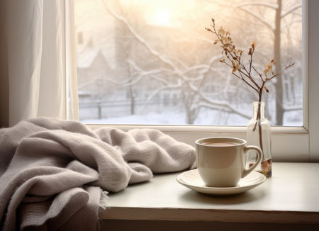 In a picturesque winter still life, a cup of steaming hot coffee is nestled beside a soft, inviting plaid on the vintage windowsill of a quaint cottage. Through the window, a serene snow-covered landscape extends, with a gentle snowdrift enhancing the scene. This composition encapsulates the charm and warmth of winter, creating a perfect setting to savor a moment of relaxation and tranquility.の素材
