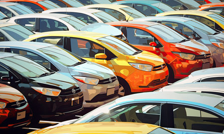a vast stock lot filled with a variety of cars for sale, lined up in neat rows. This image captures the diversity and abundance of choices available at the car dealershipの素材