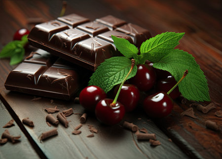chocolates on dark wood table with mint leaves, jagged edges, pretty, utilizes, subtle, wood, functionalの素材