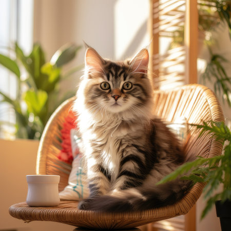 an adorable kitten comfortably perched on cat furniture beside a lush potted plant, all within a room adorned with a stunning interior designの素材
