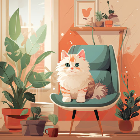 an adorable kitten comfortably perched on cat furniture beside a lush potted plant, all within a room adorned with a stunning interior designの素材