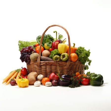 An adorable wicker basket filled with a colorful assortment of organic vegetables and fruits neatly arranged on a clean white backgroundの素材