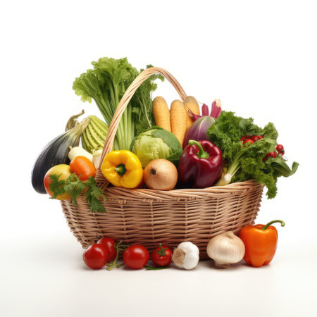 An adorable wicker basket filled with a colorful assortment of organic vegetables and fruits neatly arranged on a clean white backgroundの素材