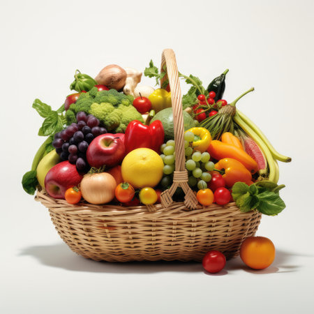 An adorable wicker basket filled with a colorful assortment of organic vegetables and fruits neatly arranged on a clean white backgroundの素材