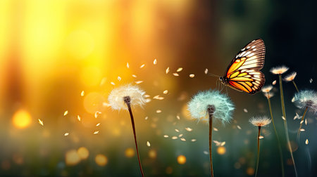 a dandelion with its seeds dispersing in the wind, while a butterfly adds a sense of dynamism to the scene, symbolizing the fleeting nature of beautyの素材