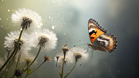 a dandelion with its seeds dispersing in the wind, while a butterfly adds a sense of dynamism to the scene, symbolizing the fleeting nature of beautyの素材