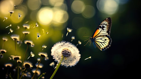 a dandelion with its seeds dispersing in the wind, while a butterfly adds a sense of dynamism to the scene, symbolizing the fleeting nature of beautyの素材