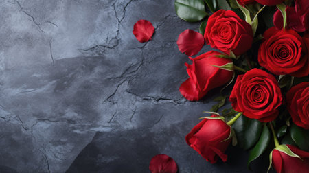 a greeting card with a top-down visual of a stunning red rose bouquet on a dark stone surface. The contrast between the rich red roses and the dark backdrop enhances the emotional impactの素材