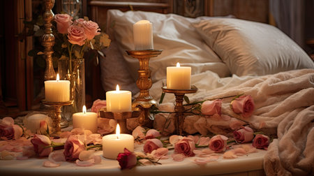 a carefully arranged scene with aromatic candles illuminating a space filled with roses on a wooden table. Ensure there's open space for text integration, perfect for expressing heartfelt sentimentsの素材