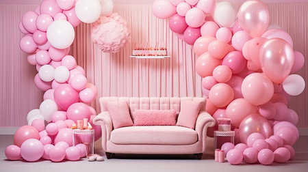 a photo zone adorned with children's toys and inflatable balls in a delightful combination of white and pink tones, creating a joyful ambiance for a little girl's birthday celebrationの素材