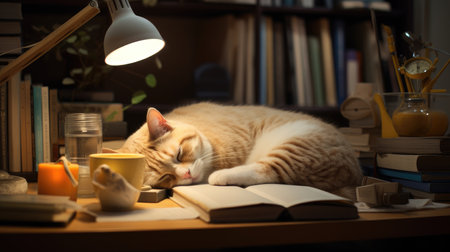 a white home interior with a cat comfortably napping on a table adorned with books and office supplies. The scene captures the balance between rest and workの素材